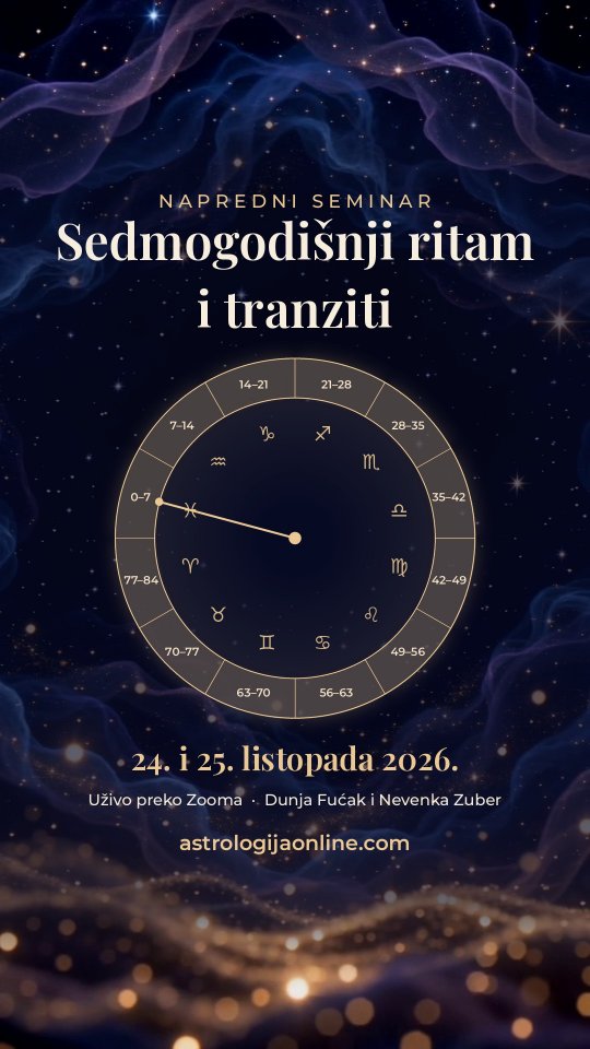 Zašto neki tranziti djeluju, a neki prođu bez traga?
Odgovor je u sedmogodišnjem ritmu: tehnici kojoj treba samo natalna karta, bez astrološkog programa.
Napredni seminar uživo na Zoomu
24. i 25. listopada 2026., 19:00–21:00
Snimka i skripta uključene za sve prijavljene.
Nevenka Zuber i Dunja Fućak
Prijava: poveznica u biografiji (astrologijaonline.com/shop/sedmogodisnji-ritam-i-tranziti)
#astrologija #astrologijaonline #sedmogodisnjiritam #tranziti #natalnakarta