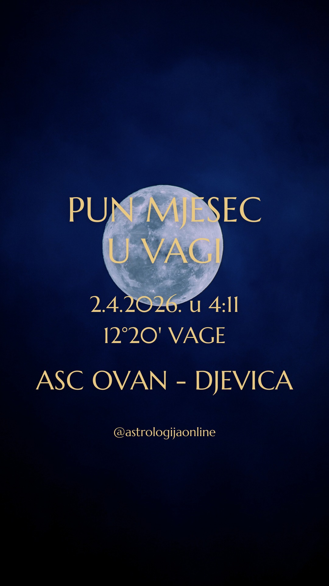 Pun Mjesec 🌕, 2.4. u 4:11, na 12°20' ♎ Vage – odnosi, emocije, prekretnice

Os ♈ Ovan – ♎ Vaga je os „ja“ – „drugi“.
☀️ Sunce u ♈ Ovnu je individualnost, hrabrost i potreba da se ide vlastitim putem, dok 🌕 Mjesec u ♎ Vagi traži ravnotežu, sklad, kompromis i povezanost.
Pun Mjesec osvjetljava baš taj unutarnji i vanjski rub – tamo gdje se previše prilagođavate drugima, i tamo gdje previše inzistirate na vlastitim potrebama bez uvažavanja odnosa.

Sad se odnosi mogu redefinirati kroz iskrene razgovore, odluke ili prekidanje starih obrazaca. Za neke je to produbljivanje, a za druge završetak odnosa koji nisu u skladu s njihovim vrijednostima.

📍 Najvažniji je odnos koji imate sa sobom.
➡️ Ako ste pristajali na manje nego zaslužujete, to će postati teško ignorirati.
➡️ Ali ako ste previše fokusirani na vlastite ciljeve, stiže uvid da su vam potrebni suradnja, podrška i bliskost.
Ravnoteža nije odricanje od sebe, nego svjesno biranje odnosa u kojima postoji uzajamno poštovanje.

🟥 Kvadrat s ♃♋ Jupiterom pojačava emocije, pretjeruje ili naglašava situacije do krajnjih granica. Pripazite da ne donosite odluke impulzivno, nego si dajte prostor za jasnoću.

📍 Budite svjesni situacije.
✔️ Odaberite nekoga s kim imate određeno nerazumijevanje i iskreno izrazite svoje osjećaje – mirno, jasno i bez drame.
✔️ Pisanje može pomoći – zapišite koje obrasce u odnosima želite ostaviti iza sebe - pretjerano prilagođavanje, strah od konflikta ili prihvaćanje minimuma - i jasno definirajte što želite umjesto toga.
✔️ Ostanite u kontaktu s tijelom – šetnja, joga, ili svjesno disanje pomaže da emocije ne preuzmu kontrolu.

Ovaj Pun Mjesec nije tu da stvori kaos, nego da pokaže istinu. A istina, koliko god ponekad bila neugodna, uvijek je početak ravnoteže.

∞
#AstrologijaDunjaFucak #AstrologijaOnline #PunMesecUVagi #PunMjesecUVagi #Ovan #PodznakOvan #BikHoroskop #PodznakBik #Blizanci #BlizanciHoroskop #PodznakBlizanac #PodznakBlizanci #ZnakRak #RakHoroskop #PodznakRak #ZnakLav #LavHoroskop #PodznakLav #Djevica #Devica #DevicaHoroskop #PodznakDevica #LibraFullMoon #FullMoonInLibra