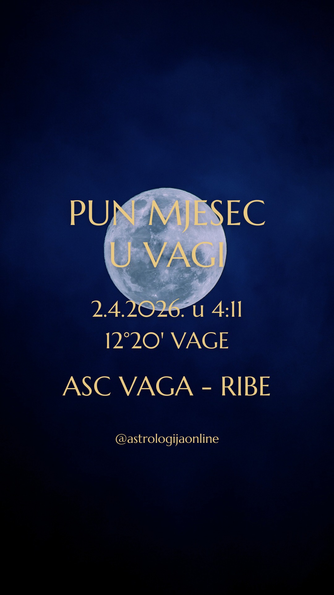 Pun Mjesec 🌕, 2.4. u 4:11, na 12°20' ♎ Vage – odnosi, emocije, prekretnice

Os ♈ Ovan – ♎ Vaga je os „ja“ – „drugi“.
☀️ Sunce u ♈ Ovnu je individualnost, hrabrost i potreba da se ide vlastitim putem, dok 🌕 Mjesec u ♎ Vagi traži ravnotežu, sklad, kompromis i povezanost.
Pun Mjesec osvjetljava baš taj unutarnji i vanjski rub – tamo gdje se previše prilagođavate drugima, i tamo gdje previše inzistirate na vlastitim potrebama bez uvažavanja odnosa.

Sad se odnosi mogu redefinirati kroz iskrene razgovore, odluke ili prekidanje starih obrazaca. Za neke je to produbljivanje, a za druge završetak odnosa koji nisu u skladu s njihovim vrijednostima.

📍 Najvažniji je odnos koji imate sa sobom.
➡️ Ako ste pristajali na manje nego zaslužujete, to će postati teško ignorirati.
➡️ Ali ako ste previše fokusirani na vlastite ciljeve, stiže uvid da su vam potrebni suradnja, podrška i bliskost.
Ravnoteža nije odricanje od sebe, nego svjesno biranje odnosa u kojima postoji uzajamno poštovanje.

🟥 Kvadrat s ♃♋ Jupiterom pojačava emocije, pretjeruje ili naglašava situacije do krajnjih granica. Pripazite da ne donosite odluke impulzivno, nego si dajte prostor za jasnoću.

📍 Budite svjesni situacije.
✔️ Odaberite nekoga s kim imate određeno nerazumijevanje i iskreno izrazite svoje osjećaje – mirno, jasno i bez drame.
✔️ Pisanje može pomoći – zapišite koje obrasce u odnosima želite ostaviti iza sebe - pretjerano prilagođavanje, strah od konflikta ili prihvaćanje minimuma - i jasno definirajte što želite umjesto toga.
✔️ Ostanite u kontaktu s tijelom – šetnja, joga, ili svjesno disanje pomaže da emocije ne preuzmu kontrolu.

Ovaj Pun Mjesec nije tu da stvori kaos, nego da pokaže istinu. A istina, koliko god ponekad bila neugodna, uvijek je početak ravnoteže.

∞
#AstrologijaDunjaFucak #AstrologijaOnline #PunMesecUVagi #PunMjesecUVagi #Vaga #VagaHoroskop #PodznakVaga #Skorpija #Škorpija #PodznakSkorpija #Strijelac #Strelac #PodznakStrelac #Jarac #PodznakJarac #Vodenjak #Vodolija #PodznakVodolija #ZnakRibe #RibeHoroskop #PodznakRibe #LibraFullMoon #FullMoonInLibra