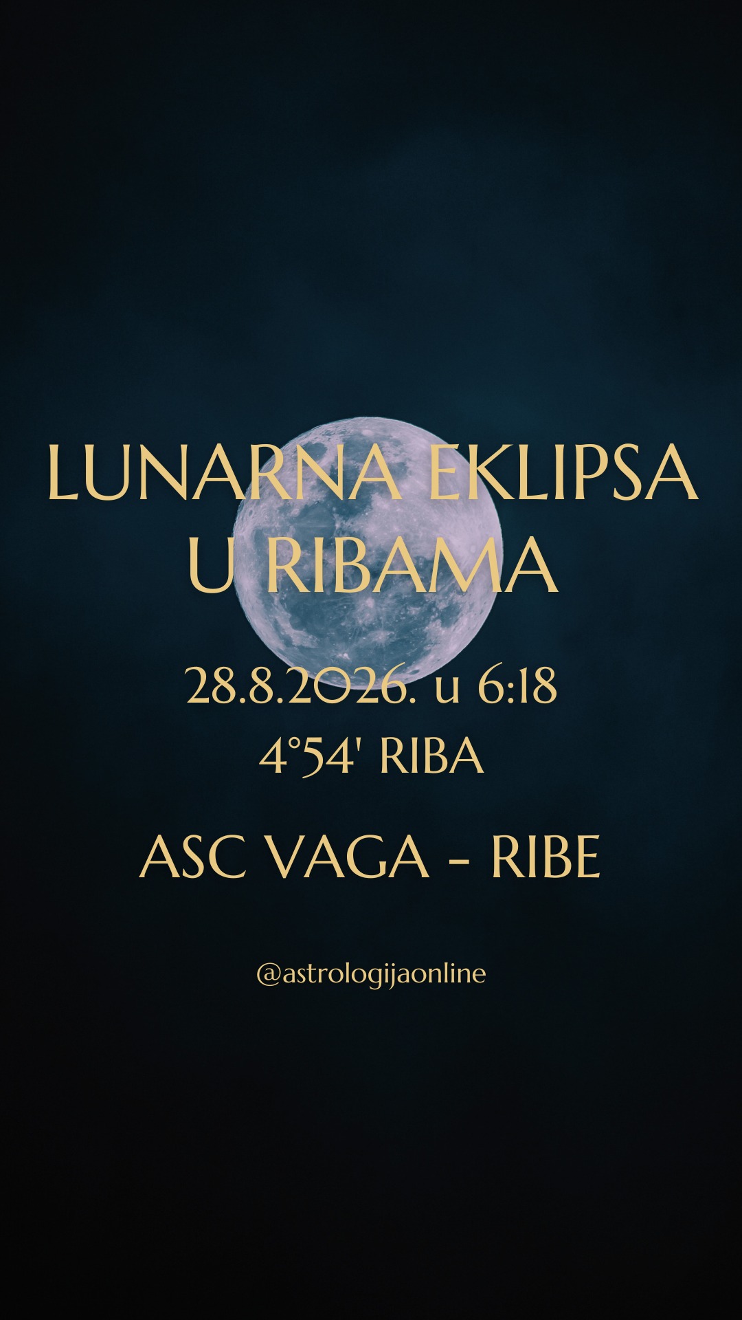 Pomrčina Mjeseca (lunarna eklipsa) 🌕♓ na 4°54' Riba, 28.8.2026. u 6:18 – vrijeme suočavanja sa stvarnošću

Ovo je jedna od najznačajnijih lunacija jer je povezana s ♅♊ Uranom, planetom iznenađenja, promjena i naglih obrata.

🌕 Pomrčine Mjeseca uvijek označavaju vrhunac nekog procesa, donose rezultate i rasvjetljavaju skriveno, pokazujući kamo vas vode vaši dosadašnji izbori.
Dok mlad Mjesec otvara nova poglavlja, pomrčina Mjeseca donosi završetke, spoznaje i razrješenja.

♓ Ribe su znak intuicije, suosjećanja, duhovnosti, mašte i nesvjesnih obrazaca. Baš zato glavna tema ove pomrčine nije akcija nego razumijevanje.
Mnogi će od vas jasnije vidjeti situacije koje ste mjesecima promatrali kroz idealizaciju, nadu ili očekivanja.
💡 Kao da se pale svjetla u prostoriji koja je dugo bila u polumraku...
Ono što je bilo nejasno postaje vidljivo.
Ono što je bilo potisnuto traži priznanje.
Ono što nije održivo pokazuje svoje slabosti.

⚡ Dodatnu dinamiku donosi ♅♊ Uran svojim T kvadratom. Zato se mnoge spoznaje mogu pojaviti iznenada, kroz neočekivane događaje, razgovore, informacije ili promjene okolnosti.
Neki će se planovi promijeniti preko noći, ali će ti obrati pokazati gdje je potrebna promjena smjera.

⚠️ Nije vrijeme za impulzivne odluke. Emocije će biti pojačane, a događaji će se odvijati brže nego što biste željeli. Najmudrije vam je promatrati i prikupljati informacije, budite spremni na prilagođavanje.

📍 Nemojte pokušavati kontrolirati događaje nego otvorite oči i pogledajte u stvarnost, čak i kad nije kakvom ste je zamišljali. Upravo u tom trenutku prestajete trošiti energiju na iluzije i počinjete graditi nešto što može trajati.

Što je stvarnost, a što samo projekcija vaših želja, strahova ili očekivanja?

∞
#AstrologijaDunjaFucak #AstrologijaOnline #Astrologija #LunarnaEklipsa #PunMjesecuRibama #PunMesecURibama #Vaga #VagaHoroskop #PodznakVaga #Skorpija #Škorpija #PodznakSkorpija #Strijelac #Strelac #PodznakStrelac #Jarac #PodznakJarac #Vodenjak #Vodolija #PodznakVodolija #ZnakRibe #RibeHoroskop #PodznakRibe #PiscesLunarEclipse