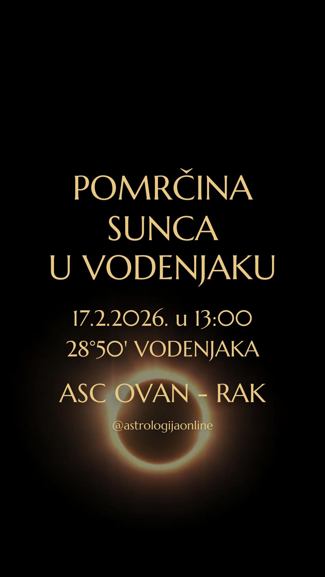 🌑 Pomrčina Sunca, 17.2. u 13:00, na 28°50’ ♒ Vodenjaka, u kvadratu s ♅♉ Uranom

Naglasak je na JA, ne egoistično, već na odgovornosti za vlastiti životni pravac.
Pitanje nije kako se uklopiti, nego gdje ste se predugo prilagođavali tuđim očekivanjima na vlastitu štetu.

U fokusu su osobna sloboda, fizičko tijelo i životni prostor, neovisne inicijative, te granice između vlastitih i tuđih potreba.
✔️ Morate vratiti povjerenje u vlastiti unutarnji kompas, u ono što vam nalažu um i srce, a ne pritisci izvana, strahovi ili tuđe projekcije.

🚩 Nepromišljenost, pogreške i zablude sad mogu imati dugotrajne posljedice. Zato ne donosite velike odluke oko tog datuma. Promatrajte, budite fleksibilni i spremni stvar sagledati iz više kuteva.
➡️ Imate priliku promijeniti stare obrasce, ali samo ako ste voljni izgasiti autopilot i pozdraviti se sa starim načinom razmišljanja.

🟥 Kvadrat s ♅♉ Uranom nosi neočekivane preokrete, iznenadne vijesti, promjene vanjskih okolnosti, i informacije koje mijenjaju perspektivu.
⚡ Događaji mogu biti šokantni ili destabilizirajući, ali novi uvjeti i drugačiji pristup mogu omogućiti rješenje problema. Razbijaju se zastarjeli obrasci i otvara prostor za nekonvencionalna, ali funkcionalna rješenja.

Naglasak je na temama budućnosti, tehnologije, znanosti, timskog rada i kolektivnih projekata. Dobro je vrijeme za istraživanje novih znanja, znanstveni rad i primjenu suvremenih rješenja u poslovanju i proizvodnji.

Ovo ćete najintenzivnije osjetiti ako u natalu imate osobne planete ili kutove u 26°-30° ♒ Vodenjaka, ♌ Lava, ♉ Bika i ♏ Škorpiona.

📌 Ova pomrčina nije blaga i ne traži optimizam pod svaku cijenu.
Njezina snaga je u razgradnji onoga što je zastarjelo, neautentično ili neodrživo. Tamo gdje nešto puca, puca s razlogom.
Novi ciklus se gradi sporo, u fazama, i traži iskrenost — prvo prema sebi, a tek onda prema svijetu.

∞
#AstrologijaDunjaFucak #AstrologijaOnline #Astrologija #SolarnaEklipsa #MladMesecUVodoliji #Ovan #PodznakOvan #BikHoroskop #PodznakBik #Blizanci #BlizanciHoroskop #PodznakBlizanac #PodznakBlizanci #ZnakRak #RakHoroskop #PodznakRak #AquariusNewMoon #NewMoonInAquarius #AquariusSolarEclipse