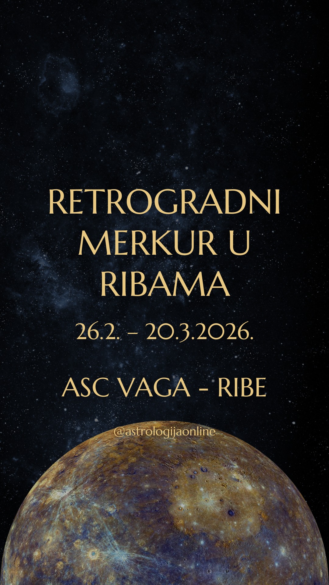 🔙☿️ Merkur kreće retrogradno u ♓ Ribama (26.2.-20.3.2026.)

📅 Merkur će krenuti retrogradno s 22°34′ ♓ Riba, i u Ribama ostaje do 20.3.
Već od 11.2. nalazimo se u retrogradnoj sjenci, a cijeli proces završava tek 9.4. To znači da se ove teme razvlače 2 mjeseca, postupno, suptilno, i često nejasno.

🔙☿️ Retrogradni Merkur uvijek usporava protok informacija, ali u ♓ Ribama još briše i granice između činjenica, osjećaja i intuicije. Logika slabi, percepcija postaje subjektivna, komunikacija sklona nesporazumima, zaboravljanju i krivim pretpostavkama...

🚩 Nije ovo period za donošenje važnih odluka, potpisivanje ugovora ili pokretanje novih dugoročnih projekata.
🚩 Dokumentacija, rokovi i novac trebaju ekstra pažnju.
🚩 Pogotovo su osjetljivi dani oko stacionarnog Merkura, na početku i kraju retrogradnog hoda.

S druge strane, otvara se prostor za unutarnji rad, i vraćate se:
🔙 Starim idejama i projektima
🔙 Temama vjere, povjerenja i suosjećanja
🔙 Emocionalnom i duhovnom zdravlju
🔙 Nezavršenim pričama kojima je potreban drugačiji završetak

Ne treba sve što se vrati „zatvarati“. Nekad je najveća jasnoća u prihvaćanju da zatvaranje nije moguće, ili barem ne sada.

Iako je Merkur u retrogradnom hodu otprilike 18% vremena, svaki taj ciklus ima svoju nijansu. ✔️ Ovaj ciklus od vas traži usporavanje, revidiranje i unutarnju orijentaciju, a ne brzinu i racionalnu kontrolu.

✔️ Manje forsirajte, više osluškujte.
✔️ Manje zaključujte, više razumijte.

∞
#AstrologijaDunjaFucak #AstrologijaOnline #Astrologija #RetrogradniMerkur #Vaga #VagaHoroskop #PodznakVaga #Skorpija #Škorpija #PodznakSkorpija #Strijelac #Strelac #PodznakStrelac #Jarac #PodznakJarac #Vodenjak #Vodolija #PodznakVodolija #ZnakRibe #RibeHoroskop #PodznakRibe #MercuryRetrograde