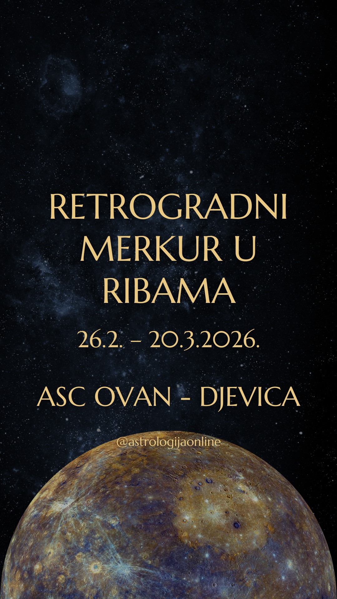 🔙☿️ Merkur kreće retrogradno u ♓ Ribama (26.2.-20.3.2026.)

📅 Merkur će krenuti retrogradno s 22°34′ ♓ Riba, i u Ribama ostaje do 20.3.
Već od 11.2. nalazimo se u retrogradnoj sjenci, a cijeli proces završava tek 9.4. To znači da se ove teme razvlače 2 mjeseca, postupno, suptilno, i često nejasno.

🔙☿️ Retrogradni Merkur uvijek usporava protok informacija, ali u ♓ Ribama još briše i granice između činjenica, osjećaja i intuicije. Logika slabi, percepcija postaje subjektivna, komunikacija sklona nesporazumima, zaboravljanju i krivim pretpostavkama...

🚩 Nije ovo period za donošenje važnih odluka, potpisivanje ugovora ili pokretanje novih dugoročnih projekata.
🚩 Dokumentacija, rokovi i novac trebaju ekstra pažnju.
🚩 Pogotovo su osjetljivi dani oko stacionarnog Merkura, na početku i kraju retrogradnog hoda.

S druge strane, otvara se prostor za unutarnji rad, i vraćate se:
🔙 Starim idejama i projektima
🔙 Temama vjere, povjerenja i suosjećanja
🔙 Emocionalnom i duhovnom zdravlju
🔙 Nezavršenim pričama kojima je potreban drugačiji završetak

Ne treba sve što se vrati „zatvarati“. Nekad je najveća jasnoća u prihvaćanju da zatvaranje nije moguće, ili barem ne sada.

Iako je Merkur u retrogradnom hodu otprilike 18% vremena, svaki taj ciklus ima svoju nijansu. ✔️ Ovaj ciklus od vas traži usporavanje, revidiranje i unutarnju orijentaciju, a ne brzinu i racionalnu kontrolu.

✔️ Manje forsirajte, više osluškujte.
✔️ Manje zaključujte, više razumijte.

∞
#AstrologijaDunjaFucak #AstrologijaOnline #Astrologija #RetrogradniMerkur #Ovan #PodznakOvan #BikHoroskop #PodznakBik #Blizanci #BlizanciHoroskop #PodznakBlizanac #PodznakBlizanci #ZnakRak #RakHoroskop #PodznakRak #ZnakLav #LavHoroskop #PodznakLav #Djevica #Devica #DevicaHoroskop #PodznakDevica #MercuryRetrograde
